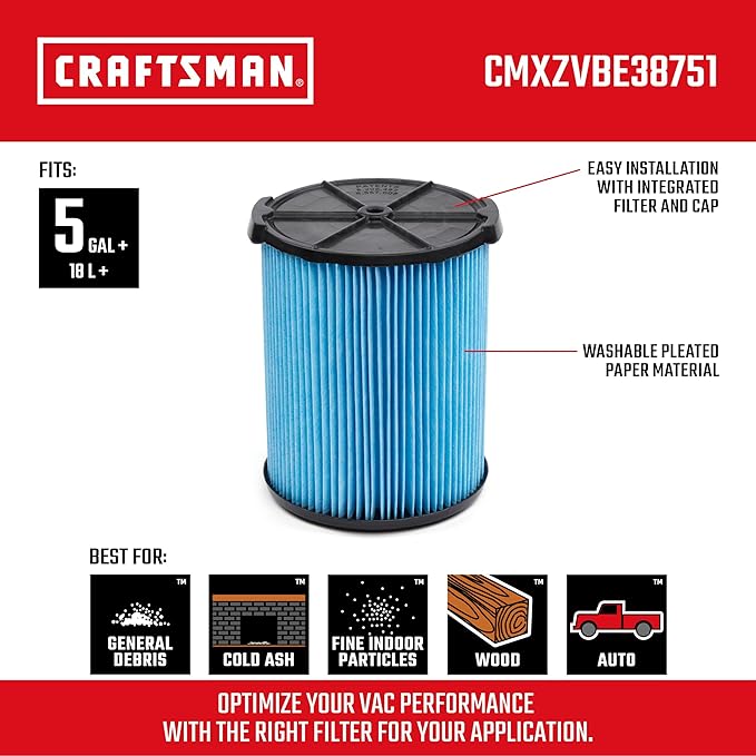 CRAFTSMAN CMXZVBE38751 Genuine Fine Dust Wet Dry Vac Replacement Vacuum Filter for Most 5 to 20 Gallon CRAFTSMAN Shop Vacuums, Easy Installation and Traps Fine Particles