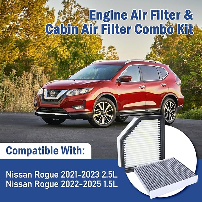 Engine Air Filter & Cabin Air Filter Combo Kit Compatible with Nissan Rogue 2021 2022 2023 2024 2025 1.5L 2.5L Replaces 16546-6RA0A, 165466RA0A, 27277-6RC0A, 272776RC0A, CF12552