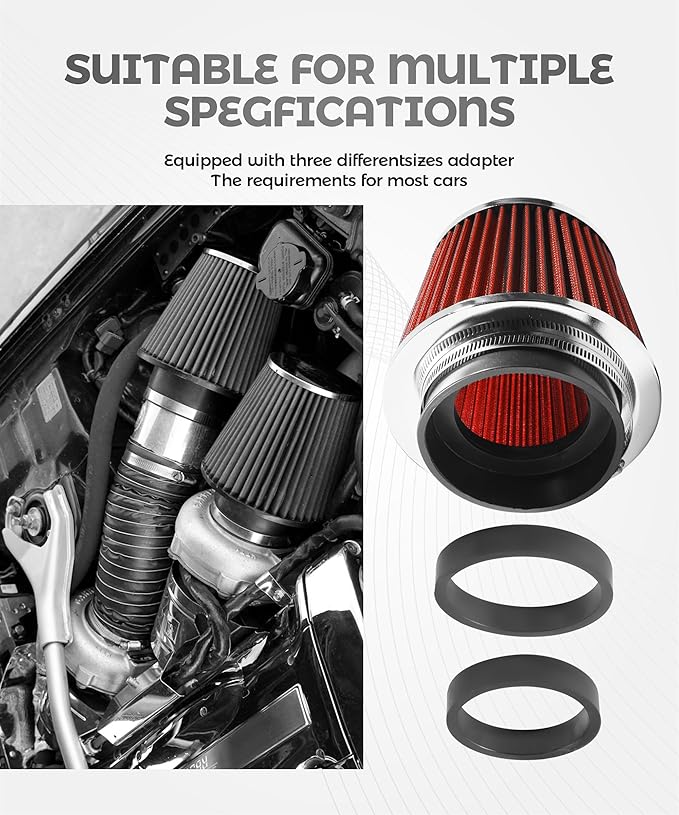 Cold Air Intake Filter,Car Accessories Intake Filter,Automotive Replacement Air Filters,76 89 102MM Performance Round Tapered Cone Filters,Suitable for Most Cars,Trucks,Motorcycles,etc (Red)