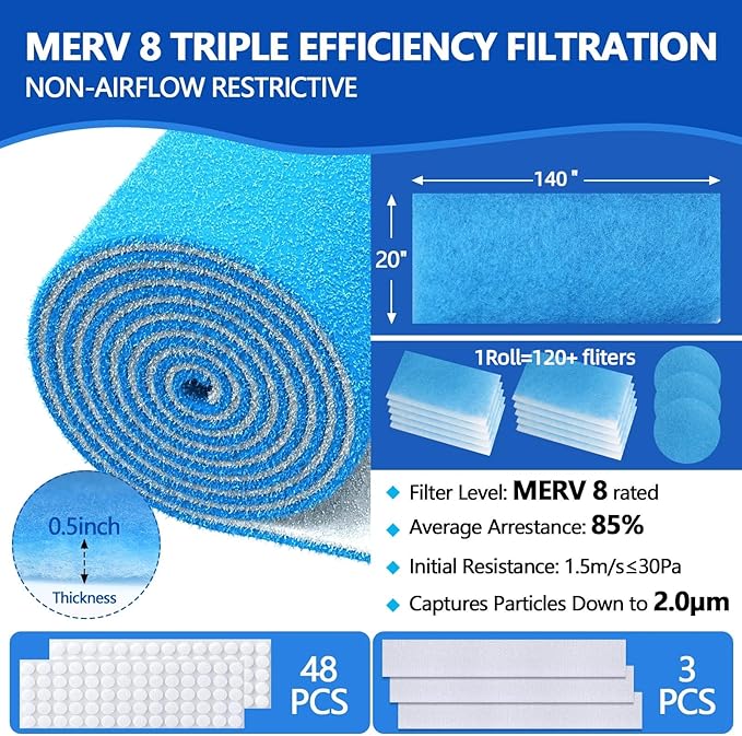 Air Vent Filters,20"x140"Cut to Fit Air Filter Material (120+Filters),MERV 8 Electrostatic Vent Filter for Home Floor Registers,RVand Wall HVAC Furnace,With 48PCs Adhesive Hook Tape