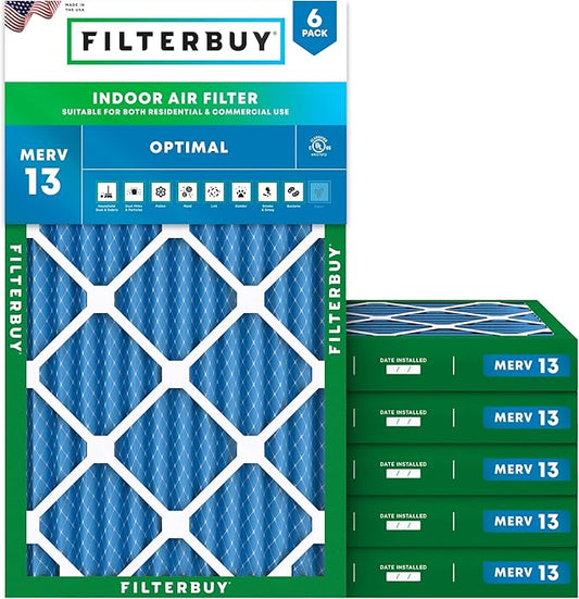 Filterbuy 14x24x2 Air Filter MERV 13 Optimal Smoke & Allergy Defense (6-Pack), Electrostatic Pleated HVAC AC Furnace Filters Replacement (Actual Size: 13.50 x 23.50 x 1.75)