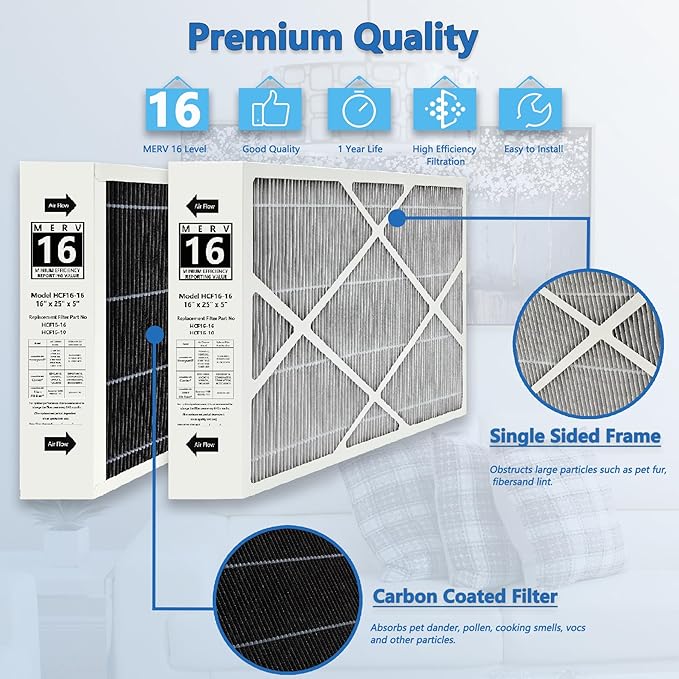 2 Pack X6672 16x25x5 MERV 16 Filter Compatible with Lennox 6672, HCC16-28 Healthy Climate Clean MERV 16 Home Furnace Filter for HVAC System, Part Number HCF16-16, HCF16-10