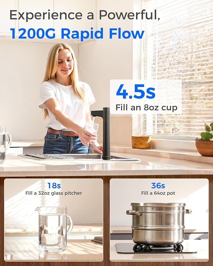 Waterdrop X12-WAB Alkaline Mineral Tankless Reverse Osmosis Water Filter, NSF/ANSI 42&58&372 Certified, 1200 GPD, 11-Stage RO Water Filter System, 3:1 Pure to Drain, Smart Black Faucet, BPA Free