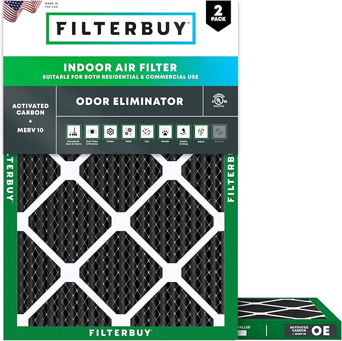 Filterbuy 20x21.5x1 Air Filter MERV 10 Odor & Allergy Defense with Activated Carbon (2-Pack), Electrostatic Pleated HVAC AC Furnace Filters Replacement (Actual Size: 19.88 x 21.50 x 0.75)