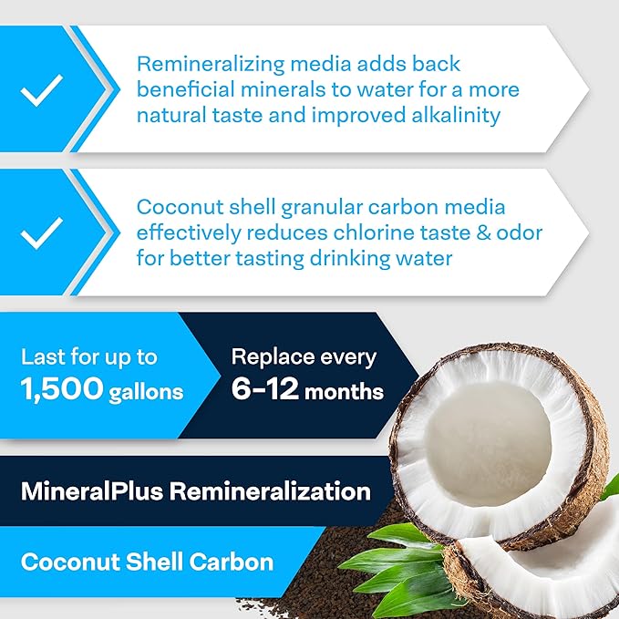 SpiroPure SP-IM120QC Inline Alkaline Carbon Water Filter, MineralPlus Remineralization, 1/4" Quick-Connect 2” x 10”, Remineralizing for RO System, Refrigerators (1 Pack)