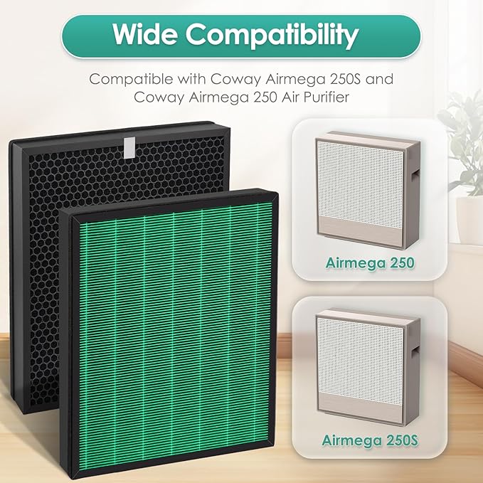 2 Pack 250 250S Replacement Filter Set for Coway Aiemega Max2 250, 250S Smart Air Purifier, Max 2 Green Filter, H13 True and Active Carbon Filters, 2 Set, AP-1720-FP