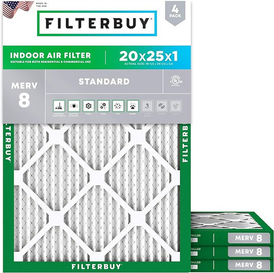 Filterbuy 20x25x1 Air Filter MERV 8 Essential Dust & Allergy Defense (4-Pack), Electrostatic Pleated HVAC AC Furnace Filters Replacement (Actual Size: 19.50 x 24.50 x 0.75)