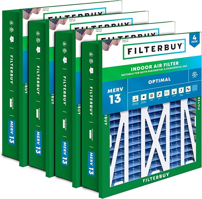 Filterbuy 20x25x5 Air Filter MERV 13 Optimal Smoke & Allergy Defense (4-Pack), Electrostatic Pleated HVAC AC Furnace Filters Replacement for Honeywell Return Grille (Actual Size: 18.38 x 23.38 x 3.69)