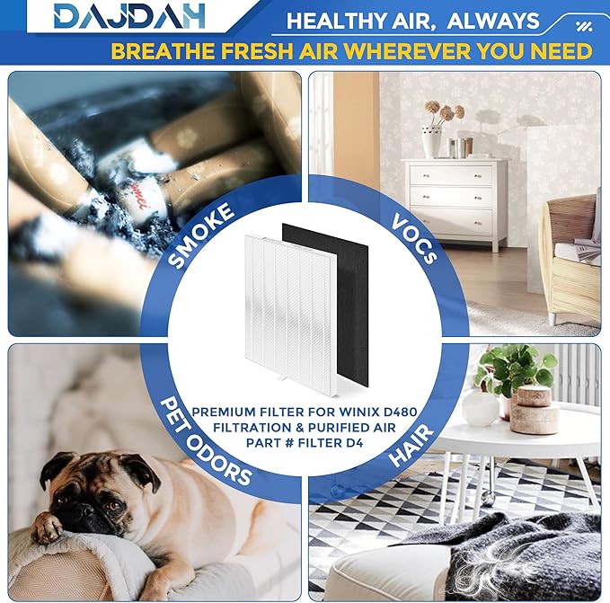 D480 Replacement Filter D4 Compatible with Winix Air Purifier Filter Replacement D480-D4 for Winix D480 3-Stage True HEPA Air Purifier, Part # 1712-0100-02, 2 H13 HEPA Filter and 8 Carbon Pre-filter