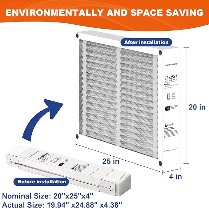 20x25x4 Air Filter Replacement, Compatible with Honeywell FC100A1037, MERV 13 HVAC AC Furnace Filters, Actual Size: 19.94” x 24.88” x 4.38” - 2PACK