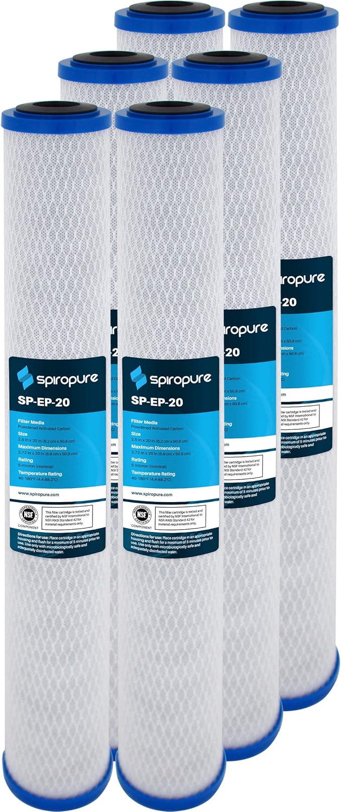 SpiroPure SP-EP-20 20x2.5 5 Micron NSF Certified Coconut Shell Carbon Block Water Filter Cartridge EP-20 155529 CB-25-2005 (Case of 6)