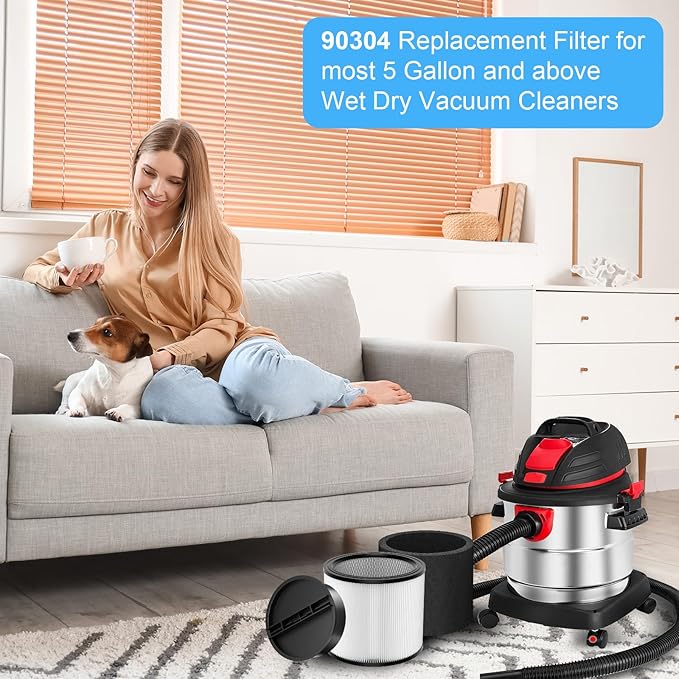 Extolife Replacement Filter Compatible with Shop-Vac 90350 90304 90333 Replacement fits most Wet/Dry Vacuum 5 Gallon and above, 2 pcs 90304 filters with caps and 4pcs 90585 foam filters