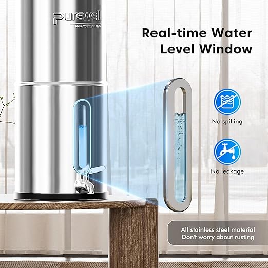 Purewell Upgraded 6-Stage 0.01μm Ultra-Filtration Gravity Water Filter System with Water Level Window, 304 Stainless Steel Countertop System with 2 Filters and Stand, Reduce 99% Chlorine, 2.25G, PW-FH