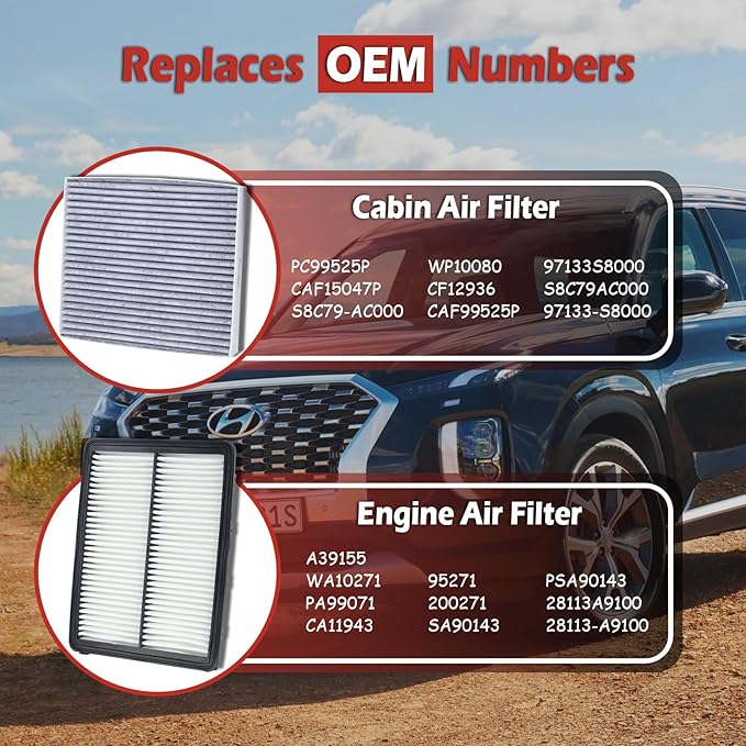 28113-A9100 Engine Air Filter and 97133-S8000 Cabin Air Filter kit Compatible with 2020-2025 Hyundai Palisade V6 3.8L Gas Replaces 28113A9100 CA11943 97133S8000 CF12936