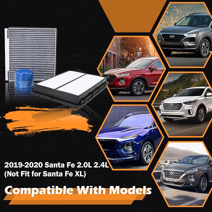 Kefly 28113-A9100 Engine Air Filter & 26300-35505 Oil Filter & 97133-J5000 Cabin Air Filter Fit for 2019-2020 Hyundai Santa Fe 2.0L 2.4L
