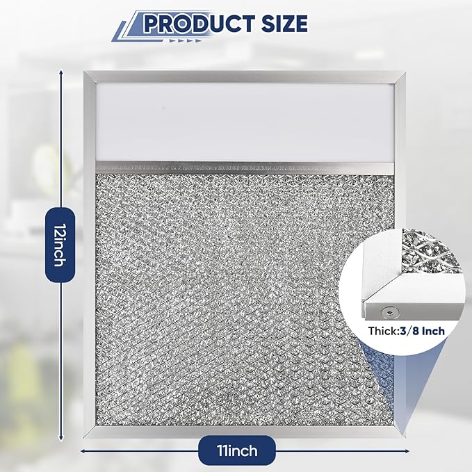 Range hood Filter with Light Lens Replacement Compatible with Air-O hoods 1200 and other brands, Exact Range Hood Aluminum Lens Grease Filters 11 x 12 x 3/8 Inches (2 Pack)