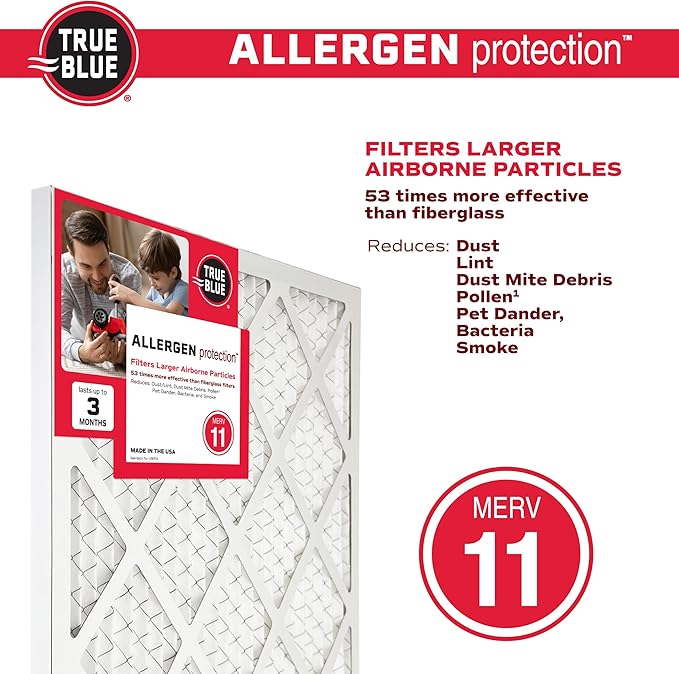 True Blue 12x30x1 MERV 11 Allergen Air Filter (4-Pack) | Electrostatic Pleated HVAC Furnace Air Filter | Replacement Filter for Home Use | Made in USA