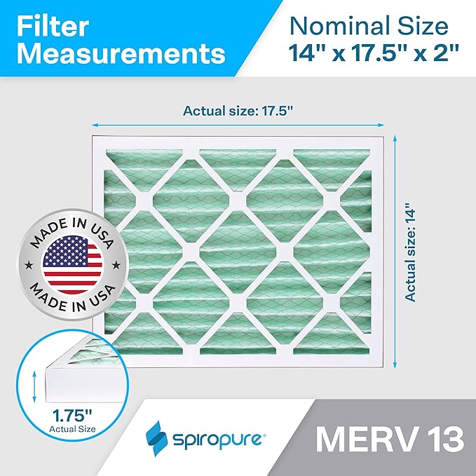 SpiroPure 14x17.5x2 MERV 13 Pleated Filter Air Filters - Made in USA (6 Pack)