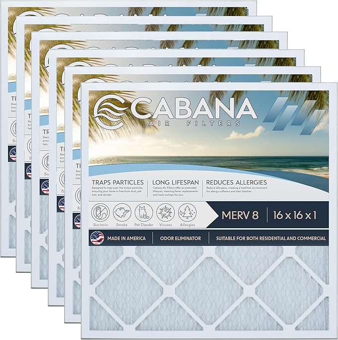 Cabana Filters 6-Pack 16x16x1 MERV 8 AC Furnace Air Filter for Home and Office - Indoor HVAC System Filtration Replacement, Captures Unwanted Particles
