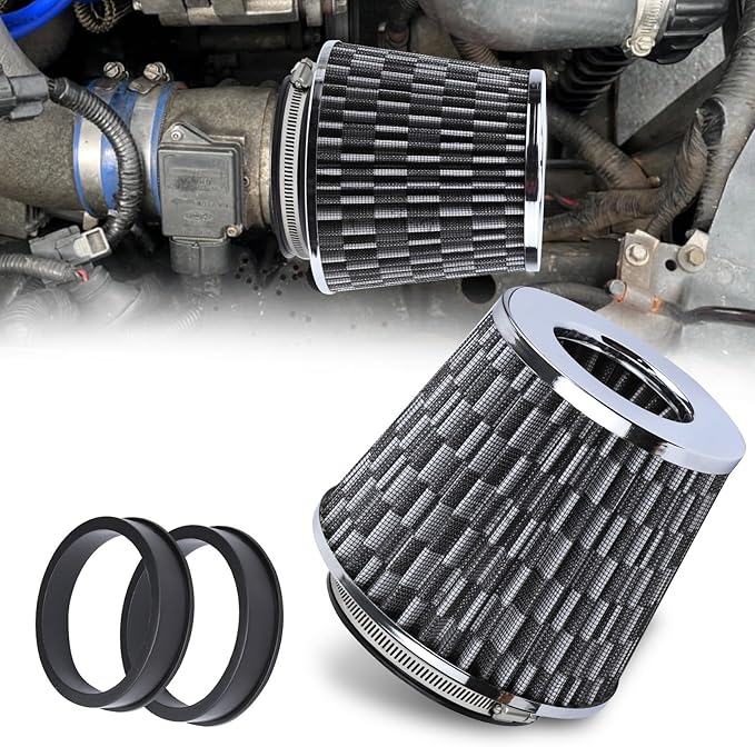 Hovom Universal Clamp-On Air Intake Filter, 76 89 102MM (3/3.5/4in) High Flow Round Tapered Cold Air Intake Filter, High Performance, Washable & Reusable, Engine Filters Replacement (Carbon Fiber)