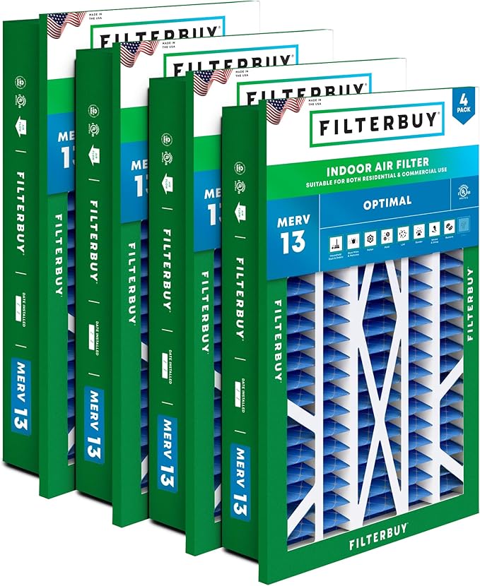 Filterbuy 16x25x5 Air Filter MERV 13 Optimal Smoke & Allergy Defense (4-Pack), Electrostatic Pleated HVAC AC Furnace Filters for Honeywell Return Grille (Actual Size: 14.38 x 23.38 x 3.69)