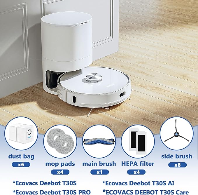 23 Pack T30S Replacement Parts for ECOVACS DEEBOT T30S /T30S AI /T30S AI Care /T30S Pro /T30S AI Robot Vacuum Accessories Kit with 1 Main Brush, 4 Hepa Filters, 4 Mop Pads, 6 Dust Bags, 8 Side Brushes