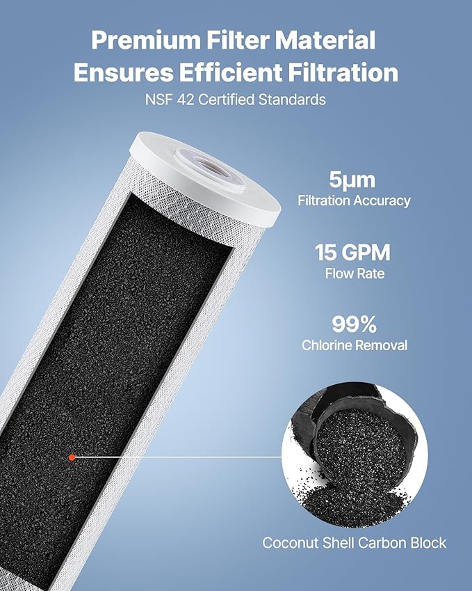 VEVOR CTO Whole House Water Filter, 20 x 4.5 Inch Universal Fit, Activated Carbon Block Cartridge Replacement, 5 Micron Coconut Shell Charcoal Filters, Reduces Chlorine, Taste & Odor, 2 Pack