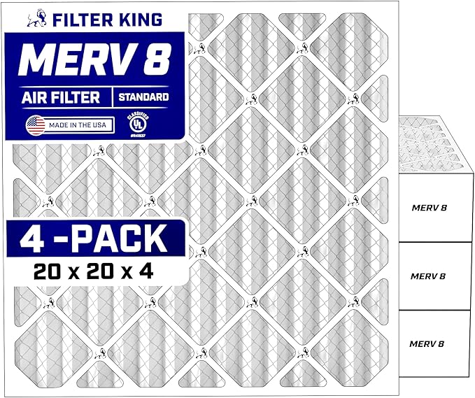 Filter King 20x20x4 Air Filter (MERV 8) (4-Pack) Dust & Allergy Control AC Furnace Filters, MADE IN USA, HVAC, Pleated, Electrostatic (Actual Size: 19.5 x 19.5 x 3.75)