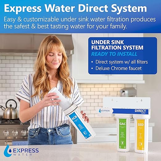 Express Water Direct Water Filtration System – 3 Stage Direct Water Filter System with Chrome Faucet – Under Sink Water Filter – Sediment, Activated Carbon Block, and Granular Activated Carbon Filters