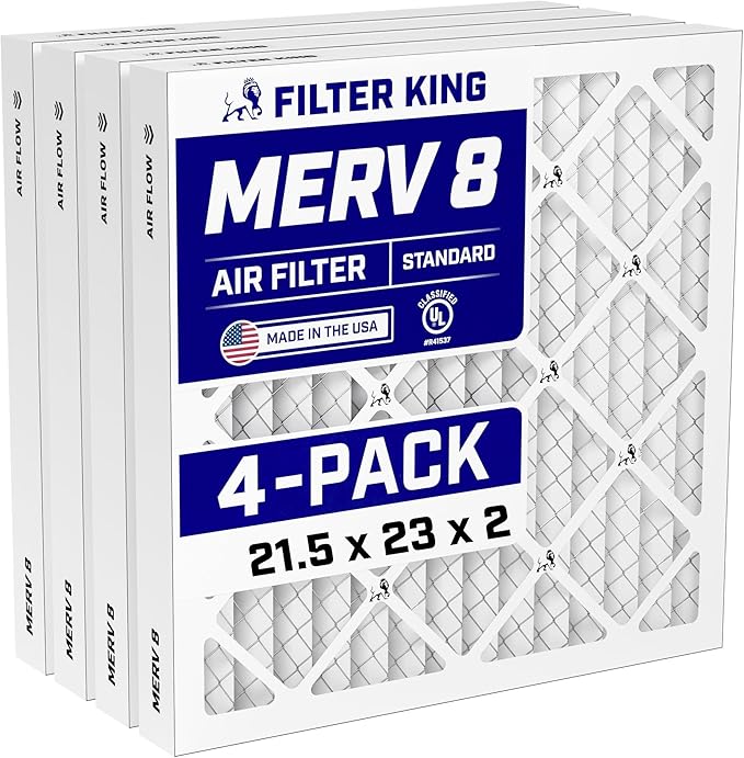 Filter King 21.5x23x2 Air Filter (MERV 8) (4-Pack) Dust & Allergy Control AC Furnace Filters, MADE IN USA, HVAC, Pleated, Electrostatic (Actual Size: 21.5 x 23 x 1.75)