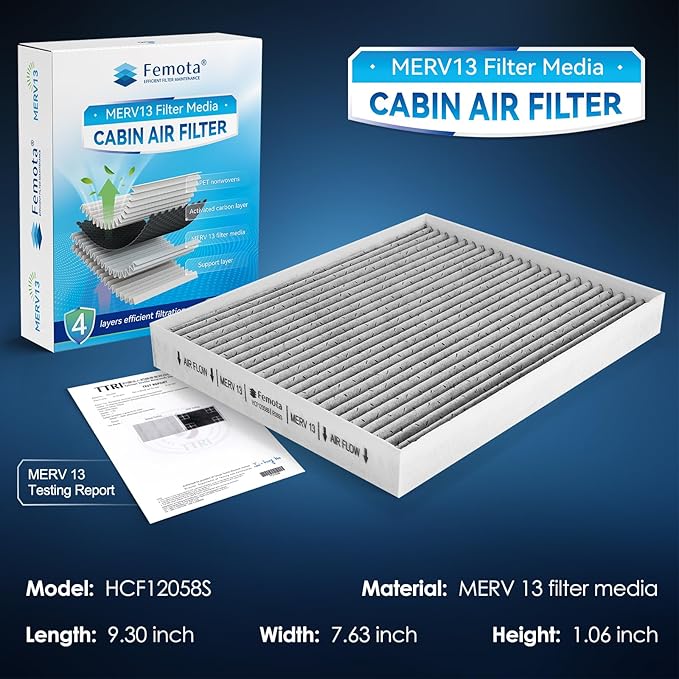 Certified MERV 13 Cabin Air Filter with Activated Carbon, CF12058 for Hyundai Accent(18-22), Elantra(17-20), Elantra GT(18-20); Kia Forte(19-24), Forte5(20-24), Rio(18-23)