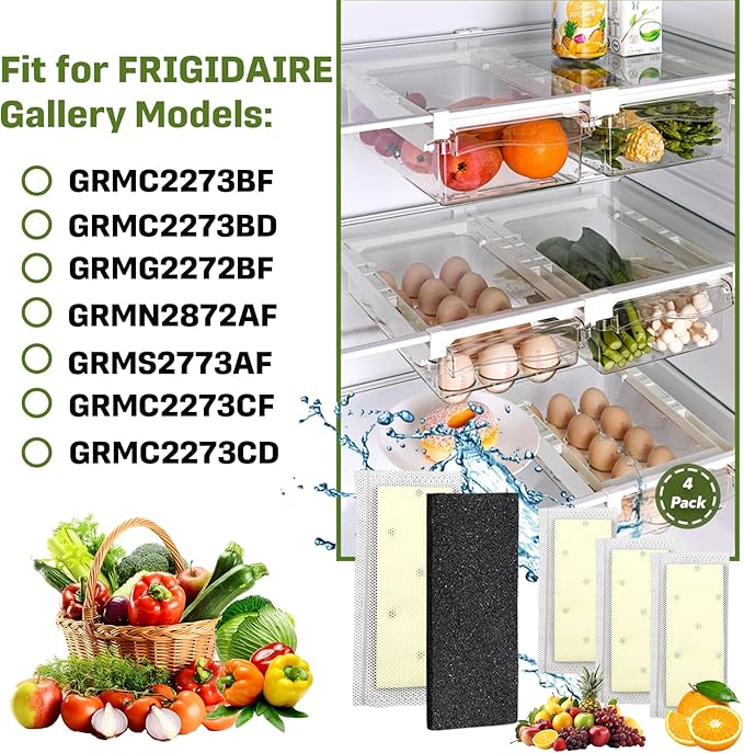 4-Pack Filter Refills Replace PureAir PK-2 Produce Keeper Plus, Compatible with Frigidaire Gallery Models GRMC2273BF, GRMC2273BD, GRMG2272BF, CrispSeal Plus, Activated Carbon Air Filter FRPAPK2RF