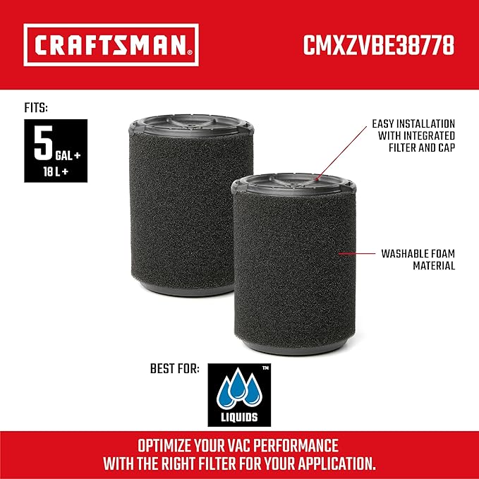 CRAFTSMAN CMXZVBE38778 Genuine Wet Application Wet Dry Vac Filter for Most 5 to 20 Gallon CRAFTSMAN Shop Vacuums, Easy Installation, Designed for High-Volume Liquid Pick-ups, 2-Pack