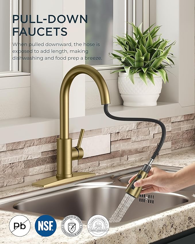 FORIOUS Gold Kitchen Faucet with Pull Down Sprayer, Bar High Arc Single Handle Traditional 3 Modes Stainless Steel Faucet for Kitchen Sink Farmhouse RV Laundry Camper
