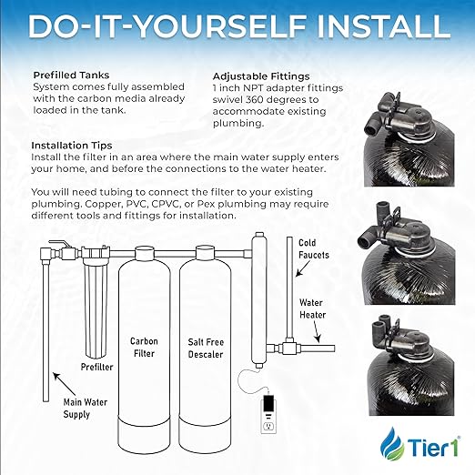 Tier1 Whole House Chlorine Filter | 300,000 Gallon Capacity | Pre-Filled Carbon Tank with 0.5 Cubic Foot of Premium Acid-Washed Granular Activated Carbon | Home Water Filtration System