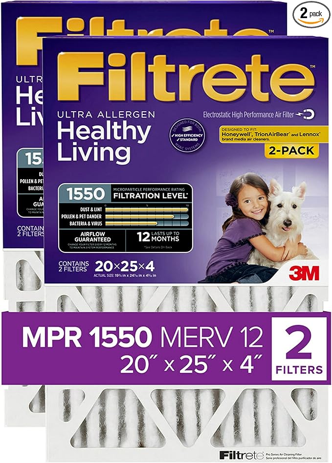 Filtrete 20x25x4(SlimFit), AC Furnace Air Filter, MPR 1550 DP, Healthy Living Ultra Allergen Deep Pleat, 2-Pack, Fits Lennox & Honeywell Devices (exact dimensions 19.5 x 24.5 x 3.75)