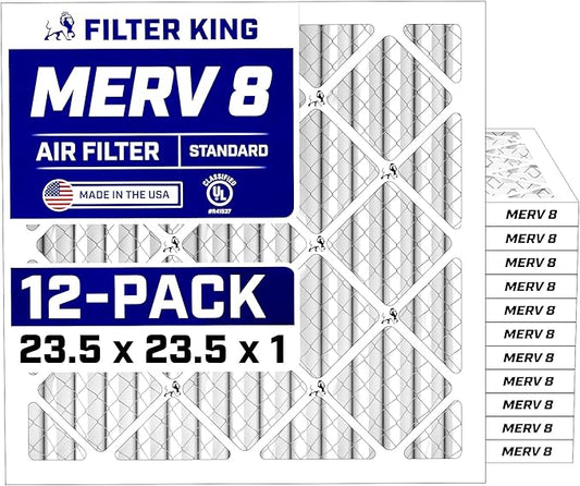 Filter King 23.5x23.5x1 Air Filter (MERV 8) (12-Pack) Dust & Allergy Control AC Furnace Filters, MADE IN USA, HVAC, Pleated, Electrostatic (Actual Size: 23.5 x 23.5 x .75)