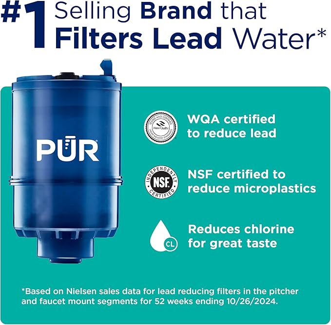 PUR Plus Faucet Mount Water Filtration System with Lead Reducing Mineral Core Filter, Attaches to Kitchen Sink, Horizontal, Brass, PFM410F