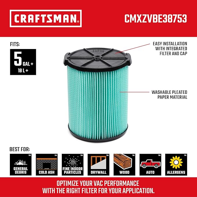 CRAFTSMAN CMXZVBE38753 Genuine HEPA Media Wet Dry Vac Replacement Vacuum Filter for Most 5 to 20 Gallon CRAFTSMAN Shop Vacuums, Easy Installation and Traps Allergens