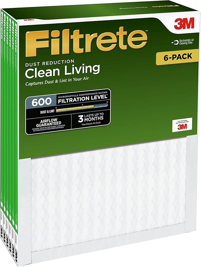 Filtrete 16x25x1 Air Filter, MPR 600, MERV 7, Clean Living Dust Reduction 3-Month Pleated 1-Inch Air Filters, 6 Filters