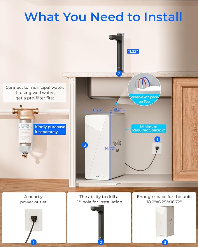 Waterdrop X12-WAB Alkaline Mineral Tankless Reverse Osmosis Water Filter, NSF/ANSI 42&58&372 Certified, 1200 GPD, 11-Stage RO Water Filter System, 3:1 Pure to Drain, Smart Black Faucet, BPA Free