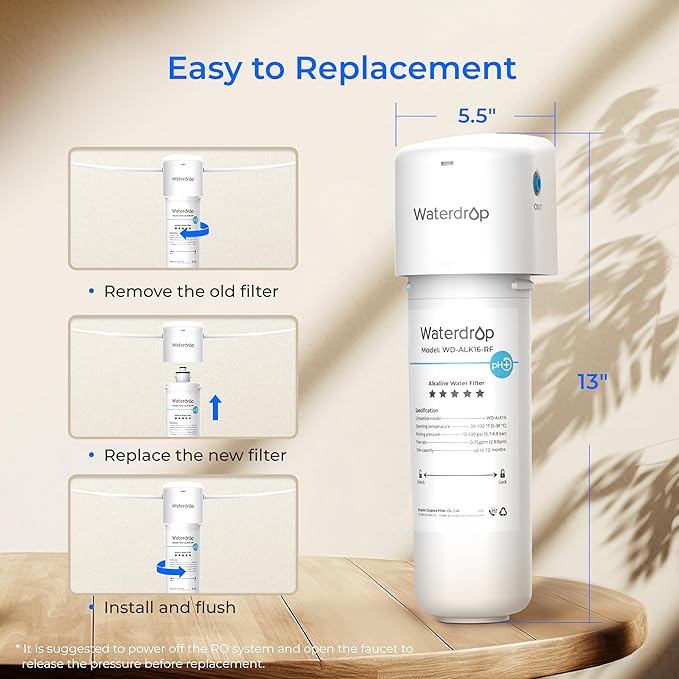 Waterdrop ALK16 Alkaline Water Filter System for Sink, Mineralizing Water, NSF/ANSI 372 Certified, Compatible with Reverse Osmosis Systems, Under Sink Installation