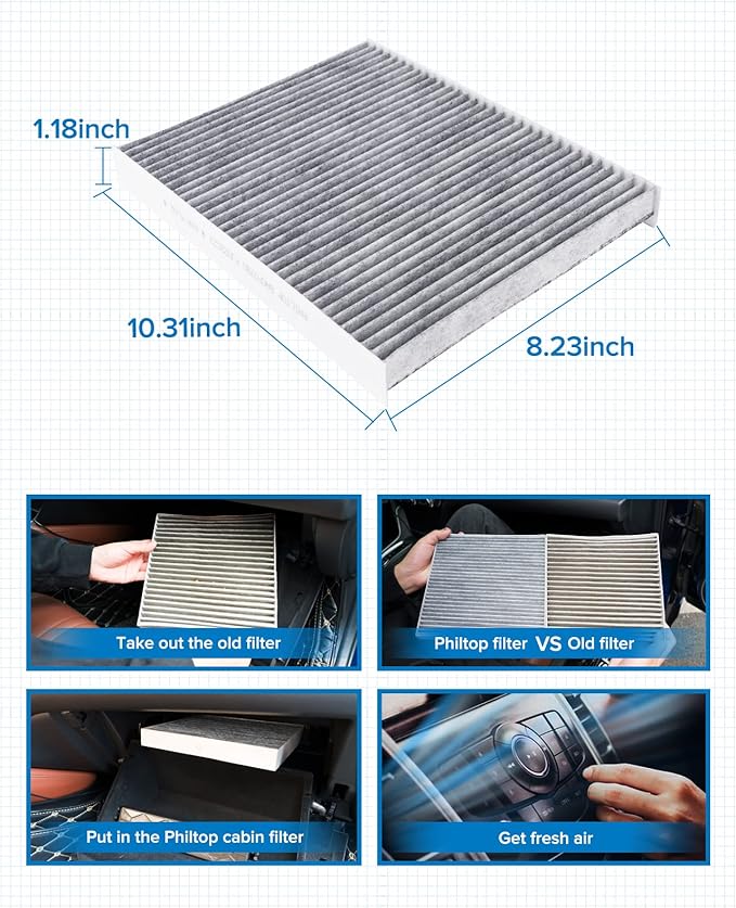 PHILTOP Cabin Air Filter w/Activated Carbon, Compatible with CF11664 Kia Sorento 2011-2015, Hyundai Santa Fe 2009-2011, Premium ACF078 Cabin Filter with Activated Carbon Clean Airflow