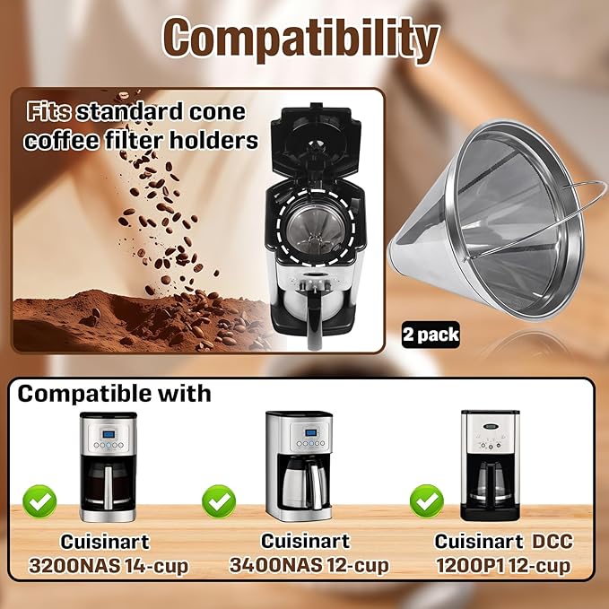 2-Pack Stainless Steel Coffee Filters Compatible with Cuisinart Coffee Maker, Fit for DCC 1200P1, 3200NAS, 3400NAS Models, Permanent & Reusable Cone Coffee Filters Basket Replacements