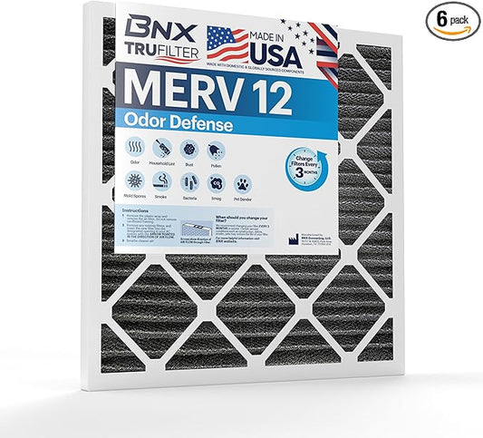 BNX TruFilter 14x20x1 MERV 12 Odor Defense (6-Pack) AC Furnace Air Filter with Activated Carbon - MADE IN USA - Pleated Air Conditioner HVAC AC Furnace Filters - Removes Odor, Mold, Bacteria, Smoke
