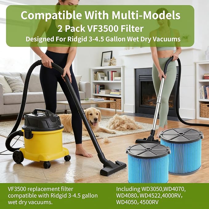 2 Pack Wet Dry Vac Filter VF3500 3 Layer Fine Filter, Half Height Replacement V3500 Filter for 3-4.5 Gallon Vacs WD3050 WD4050 WD4070 WD4522 4000RV 4500RV