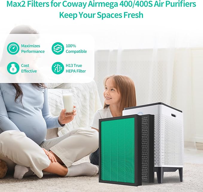 Airmega 400/400S Replacement Filter for Coway Airmega Max2 400 400S 400(G) 400S(G) Air Purifier, Max2 Green True HEPA and Active Carbon Filter Set, AP-2015-FP, 4PACK