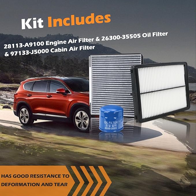 Kefly 28113-A9100 Engine Air Filter & 26300-35505 Oil Filter & 97133-J5000 Cabin Air Filter Fit for 2019-2020 Hyundai Santa Fe 2.0L 2.4L