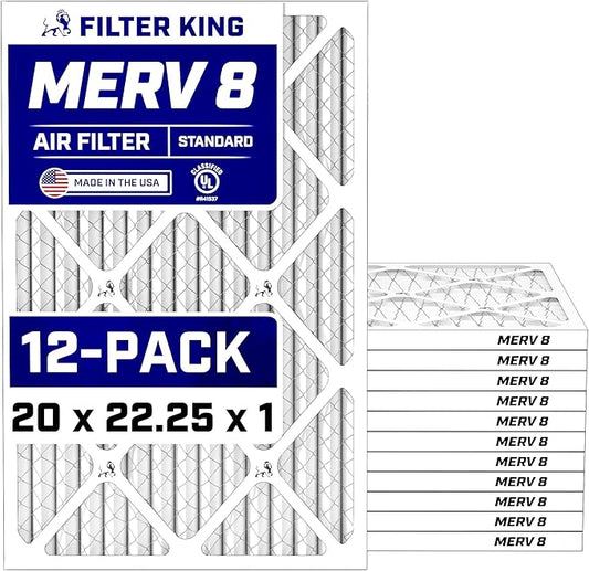 Filter King 20x22.25x1 Air Filter (MERV 8) (12-Pack) Dust & Allergy Control AC Furnace Filters, MADE IN USA, HVAC, Pleated, Electrostatic (Actual Size: 20 x 22.25 x .75)