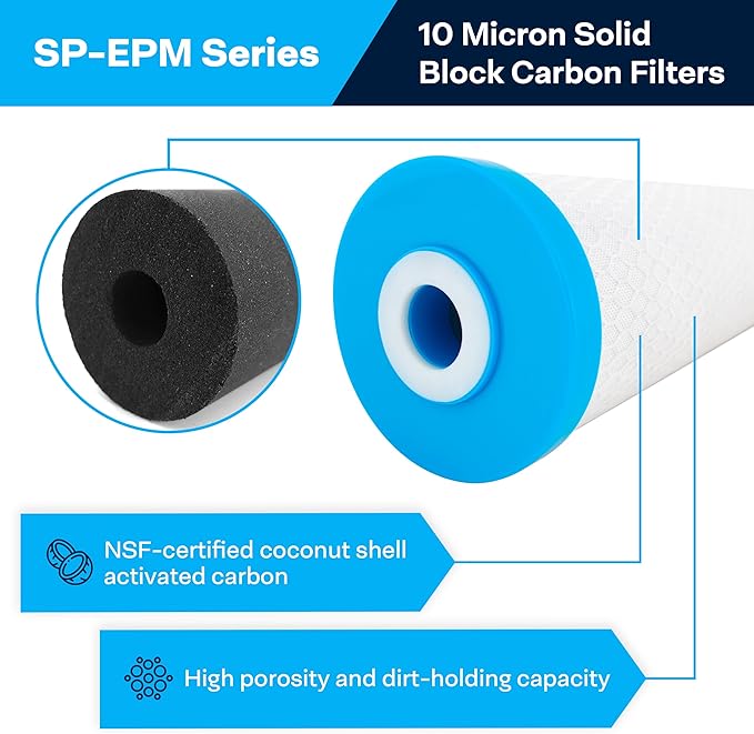 SpiroPure SP-EPM-20BB 20x4.5 10 Micron NSF Certified Coconut Shell Carbon Block Water Filter Cartridge EPM-20BB 155783-43 CB-45-2010 (Case of 4)